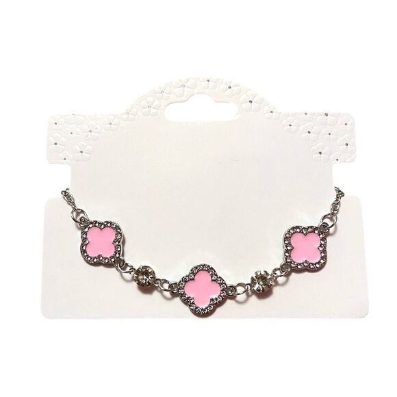Elegant Pink Clover Rhinestone Silver Tone Bracelet - Picture 4 of 4